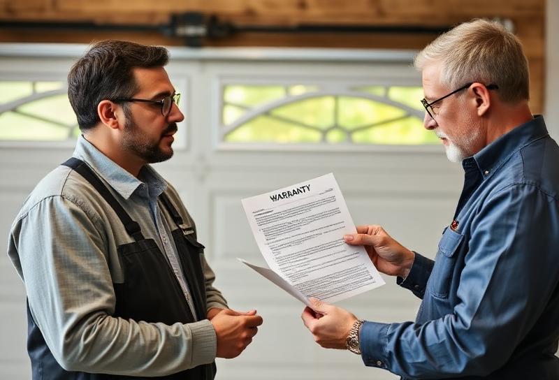 Professional reviewing garage door warranty documentation with homeowner - warranty comparison guide