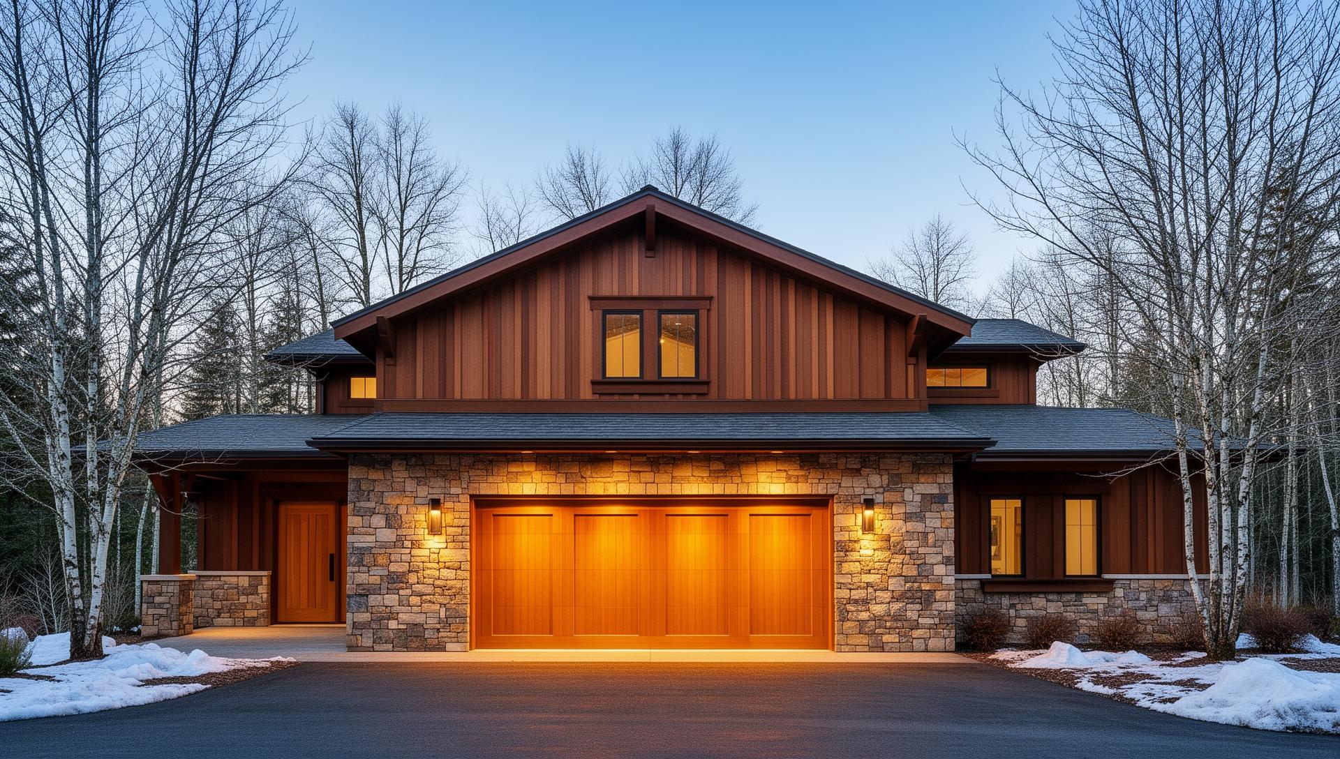 Beautiful Tuscan-style carriage garage doors with stone surround - Garage Door Naples premium installation